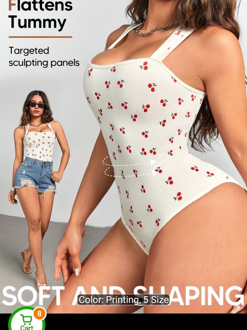 Cream Color Cherry-Print Ribbed Square-Neck Tank Top - Picture 7 of 9